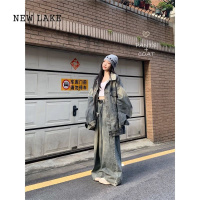 NEW LAKE胖mm大码300斤美式复古毛边做旧牛仔外套女春秋潮流街头工装夹克