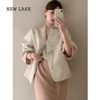 NEW LAKE新中式国风盘扣缎面外套女春秋宽松高级感气质名媛小香风夹克上衣