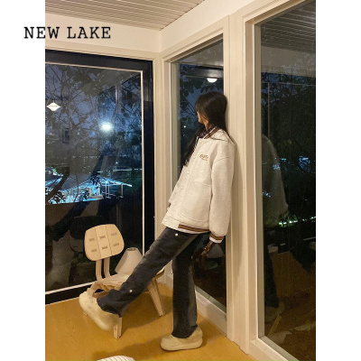 NEW LAKE饭饭又饿了美式复古灰色棒球服外套女春秋宽松字母刺绣夹克上衣潮