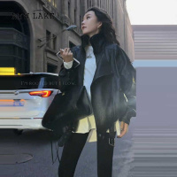 NEW LAKE韩系休闲皮衣外套女春秋款设计感翻领pu皮机车服外套宽松夹克外套