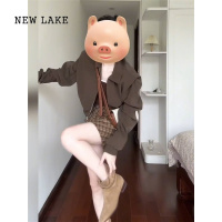 NEW LAKE美式深棕色短款垫肩夹克外套女初早秋新款宽松短款美拉德百搭上衣