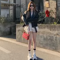 NEW LAKE黑色短款机车pu皮衣外套女小个子2024春秋新款高级感美式复古夹克