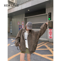 NEW LAKE美式复古豹纹外套女春秋港风小众宽松休闲抽绳拉链设计BF夹克上衣