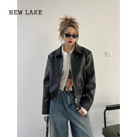 NEW LAKE2024新款黑白两色时髦显瘦短款高腰宽松pu皮衣机车夹克上衣外套女