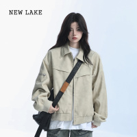 NEW LAKE[坐吃山空]小个子短款PU皮衣夹克女美式街头宽松机车服外套