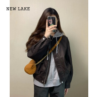 NEW LAKE咖色皮衣外套女2024年新款高级感短款夹克今年流行小个子美式复古
