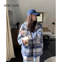 NEW LAKE慵懒风毛呢格纹连帽夹棉外套女冬季2024新款韩版宽松休闲上衣夹克