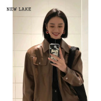 NEW LAKE2024春秋新款韩版宽松棕色复古港风炸街皮衣外套女工装机车pu夹克
