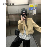NEW LAKE设计感圆领短款长袖棒球服女2024新款高级感简约纯色夹克上衣