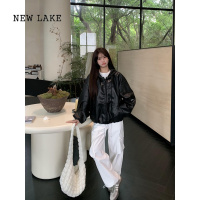 NEW LAKE橘子树在哪儿美式痞帅PU皮衣外套女宽松休闲短款连帽夹克上衣