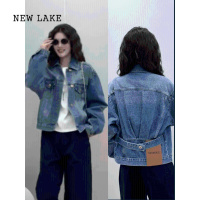 NEW LAKE复古做旧洗水后背扣带牛仔外套女2024新款设计感长袖夹克上衣