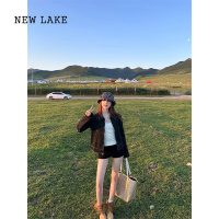 NEW LAKE美式高级感纯黑色牛仔夹克短外套女港风复古修身百搭翻领夹克上衣