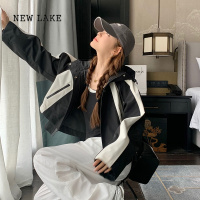 NEW LAKE2024冲锋衣外套女春秋短款休闲撞色风衣宽松连帽夹克开衫百搭上衣