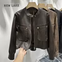 NEW LAKE复古扎染皮衣外套女立领机车服2024新款小个子夹克短款上衣潮