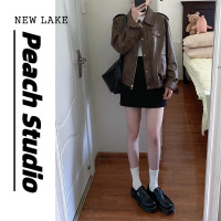 NEW LAKEPeach 24SS/仿羊皮复古咖色PU皮衣外套女春皮夹克两件套装