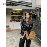 NEW LAKE美式黑色pu皮衣夹克外套女2024新款时尚绑带收腰格纹衬衫套装