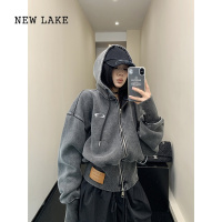 NEW LAKE废柴新款小众做旧加宽螺纹短款连帽外套女宽松复古收腰夹克潮