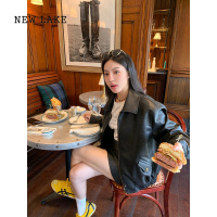 NEW LAKE 黑/棕色仿绵羊皮做旧机车服皮衣外套女短裙套装春秋皮夹克