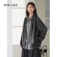 NEW LAKE 翻领黑色皮衣女2024新款宽松休闲显瘦夹克外套