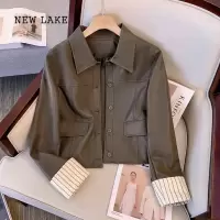 NEW LAKE美式复古棕色皮衣外套女春2024新款今年流行小个子机车皮夹克