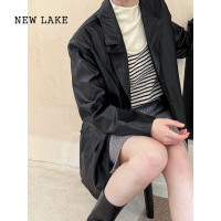 NEW LAKE美式复古咖色皮衣外套女中长款小个子休闲漆皮亮面黑色皮夹克西服