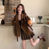 NEW LAKE美拉德咖色短款皮衣外套女春秋2024新款高级感宽松休闲pu机车夹克