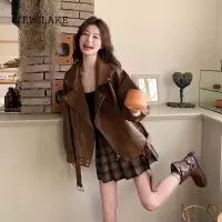 NEW LAKE美拉德咖色短款皮衣外套女春秋2024新款高级感宽松休闲pu机车夹克