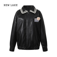 NEW LAKE[秋日预演]复古撞色皮夹克外套蕾丝边斜摆长裙套装女