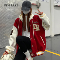 NEW LAKE厚棒球服外套女2024新款可脱卸帽子宽松刺绣酒红色小众夹克潮