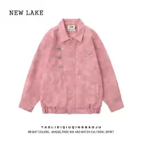 NEW LAKE美式炸街机车风翻领PU皮衣外套女粉色高级感vibe宽松休闲情侣夹克