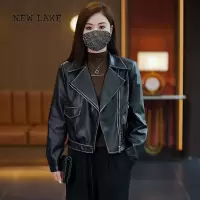 NEW LAKE黑色小皮衣女短款2024春秋新款宽松百搭时尚翻领pu皮机车夹克外套