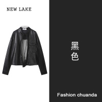 NEW LAKE美式复古棕色pu皮立领皮衣外套女新款宽松休闲百搭夹克短外套