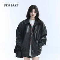 NEW LAKE[坐吃山空]美式复古机车风pu皮衣夹克女中性风宽松潮牌拉链外套