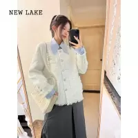 NEW LAKE六月苒 韩版浅蓝色小香风外套女秋通勤拼接假两件小个子流苏夹克
