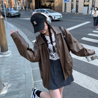 NEW LAKE棕色皮衣外套女短款2024春秋小个子韩版复古皮夹克机车美拉德穿搭