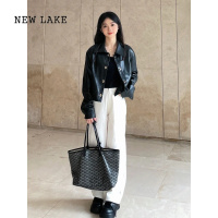 NEW LAKE美式黑色复古皮衣外套女短款2024新款气质小个子宽松高级感皮夹克