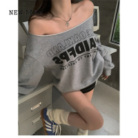 NEW LAKE2024韩版字母印花一字肩长袖卫衣女宽松慵懒百搭显瘦ins上衣