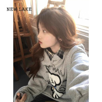 NEW LAKE美式复古狗狗刺绣灰色卫衣女新款设计感小众oversize圆领上衣
