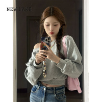 NEW LAKE美式复古辣妹烫钻一字领卫衣女早新款设计感小众短款长袖上衣