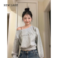 NEW LAKE美式辣妹灰色斜肩卫衣女春秋薄款慵懒风宽松短款长袖一字露肩上衣