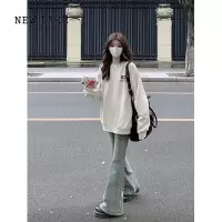 NEW LAKE白灰色国潮美式复古慵懒风圆领无帽卫衣女春秋新款字母设计感上衣