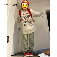 NEW LAKEhiphop国潮牌纯棉修狗印花白灰色卫衣女宽松oversize小众上衣