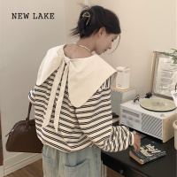 NEW LAKE特大码2-300斤娃娃领条纹长袖卫衣女胖妹妹洋气减龄别致上衣