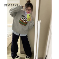 NEW LAKE美式复古可爱蛋糕圆领卫衣女2024新款宽松慵懒风灰色长袖上衣