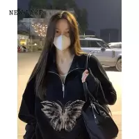 NEW LAKE美式复古山东即墨卫衣女黑色加绒大码半拉链polo领设计感上衣