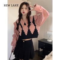 NEW LAKE2024新款设计感短上衣款假两件粉色卫衣女士长袖外套