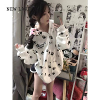 NEW LAKE美式复古狗爪印花连帽卫衣女宽松慵懒风oversize小个子开衫外套潮
