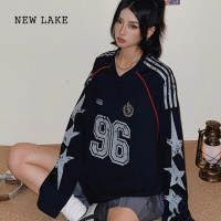 NEW LAKEDoubleD2024早秋美式复古数字星星印花拼接长袖V领卫衣女宽松球衣
