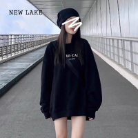 NEW LAKE欧货大版中长款美式卫衣女款2024新款加绒黑色高级感上衣遮臀