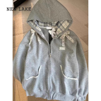 NEW LAKE美式复古格子蕾丝连帽卫衣女春秋新款oversize宽松学院风开衫外套